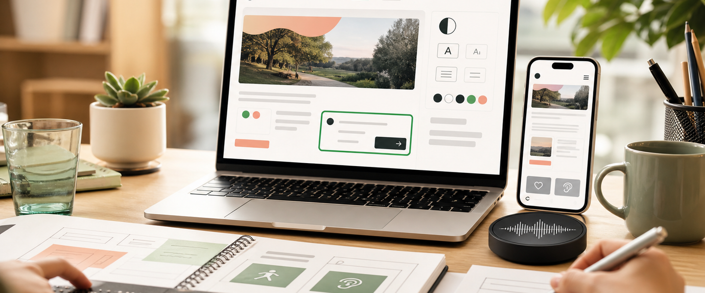 Accessible consultation interface with contrast controls, text sizing, mobile layout and assistive input cues