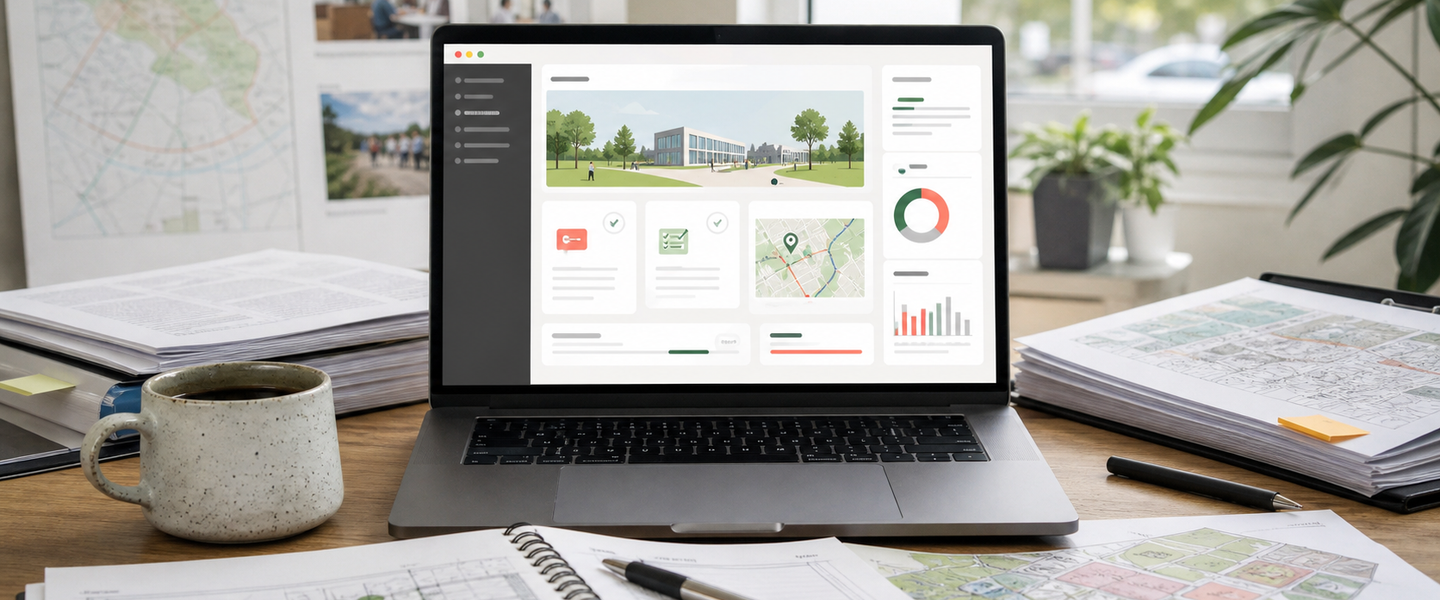 Online consultation dashboard with survey cards, maps, analytics and planning documents