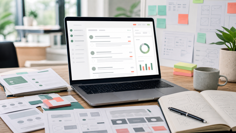 Consultation platform redesign workspace with interface wireframes and product dashboard