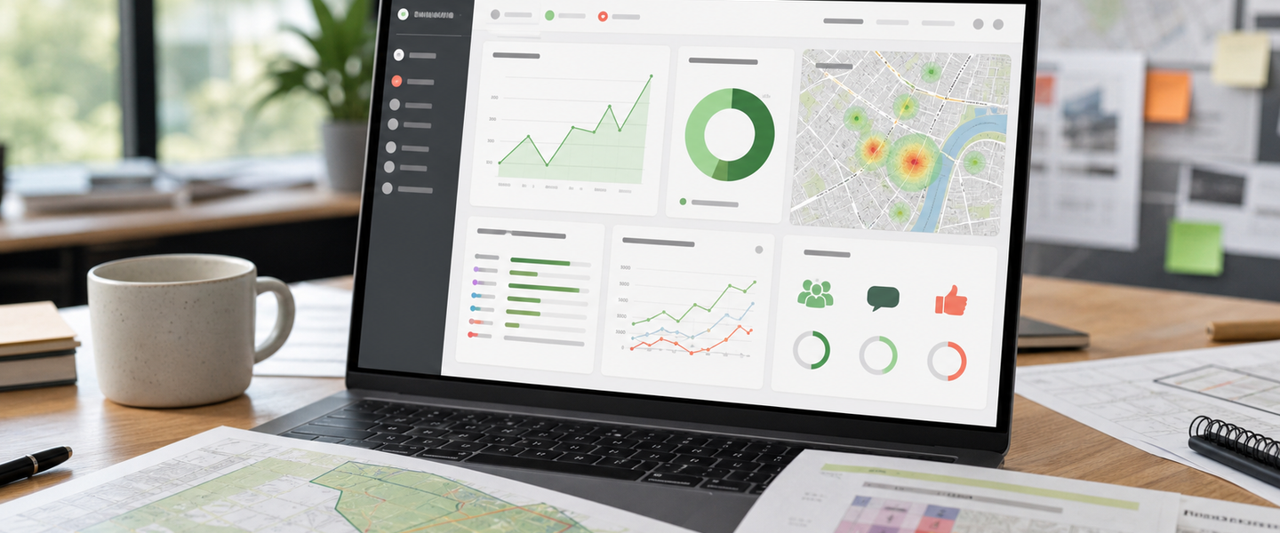 Real-time consultation analytics dashboard with charts, participation metrics and map heat spots