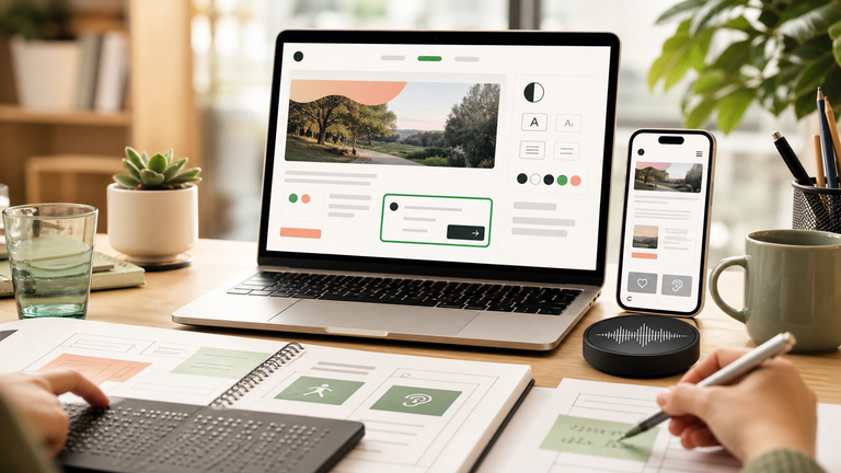 Accessible consultation interface with contrast controls, text sizing, mobile layout and assistive input cues